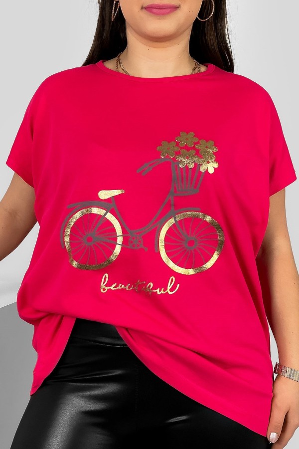 T-shirt damski plus size nietoperz w kolorze malinowym nadruk rower Theo
