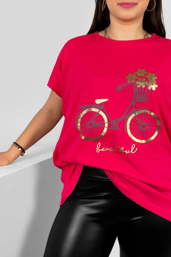 T-shirt damski plus size nietoperz w kolorze malinowym nadruk rower Theo 1