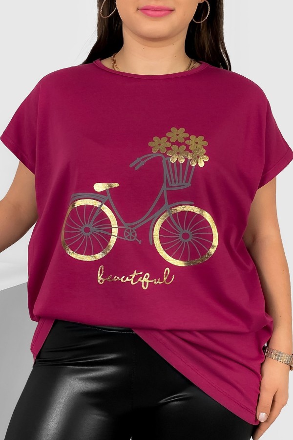 T-shirt damski plus size nietoperz w kolorze rubinowym nadruk rower Theo