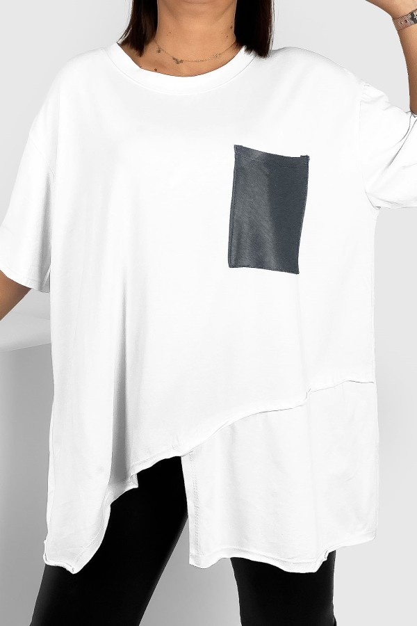 Duża asymetryczna tunika damska plus size w kolorze białym kieszeń Lanna