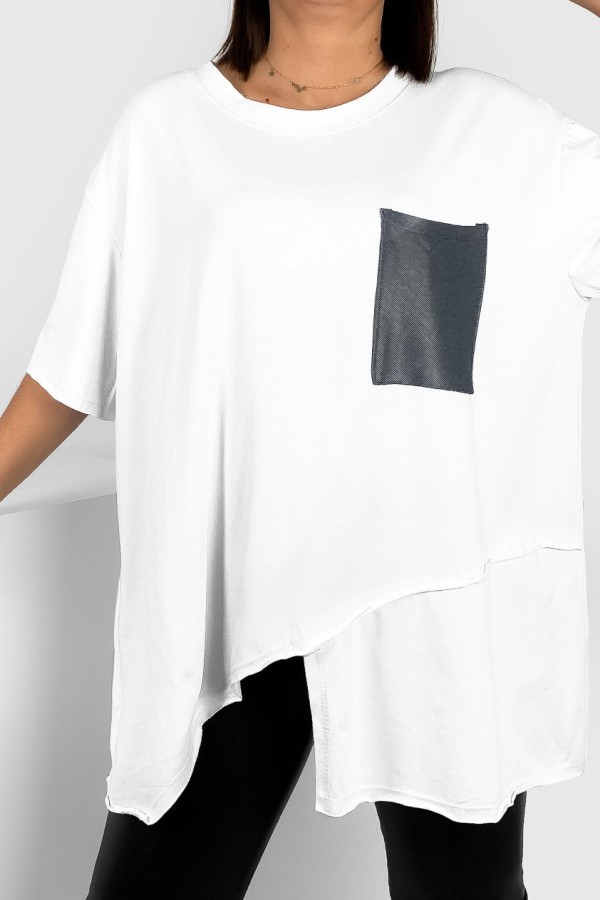 Duża asymetryczna tunika damska plus size w kolorze białym kieszeń Lanna 1
