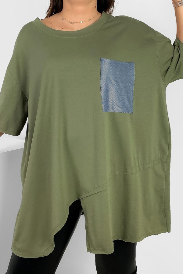 Duża asymetryczna tunika damska plus size w kolorze khaki kieszeń Lanna