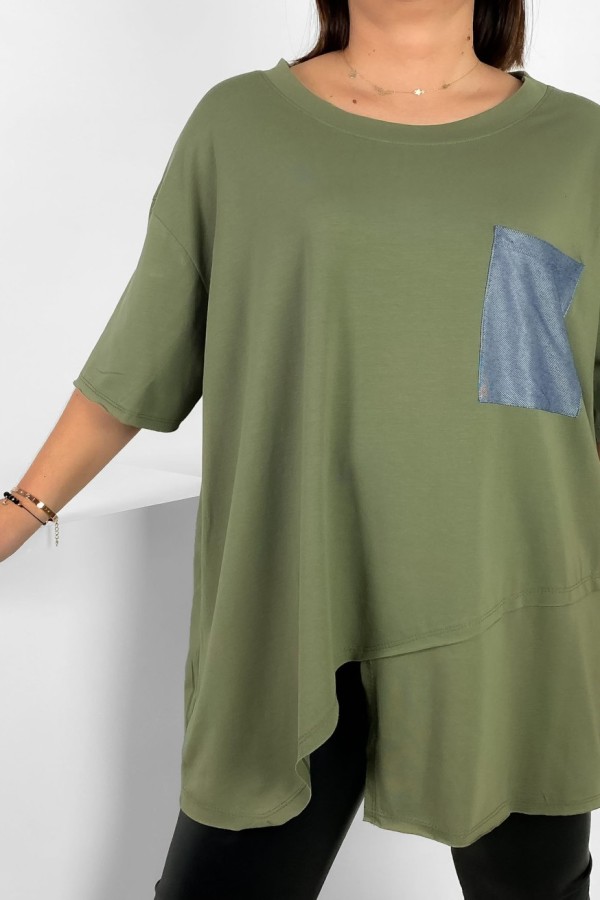 Duża asymetryczna tunika damska plus size w kolorze khaki kieszeń Lanna 2