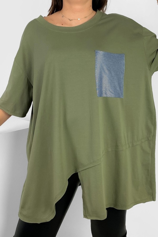 Duża asymetryczna tunika damska plus size w kolorze khaki kieszeń Lanna 1
