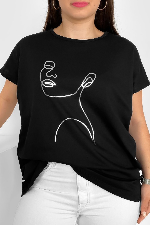 Nietoperz T-shirt damski plus size w kolorze czarnym srebrny line art kobieta Nuvian 2