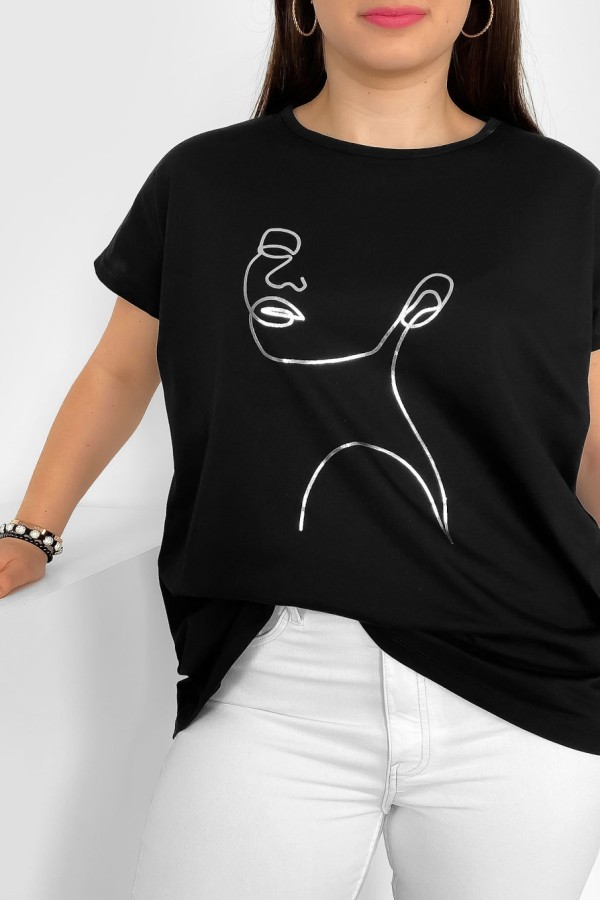 Nietoperz T-shirt damski plus size w kolorze czarnym srebrny line art kobieta Nuvian 1