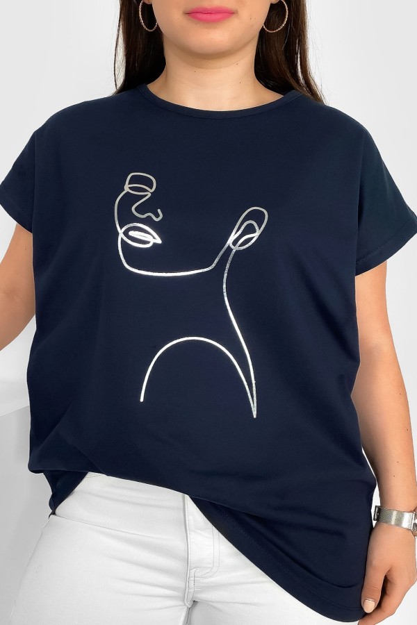 Nietoperz T-shirt damski plus size w kolorze czarnego granatu srebrny line art kobieta Nuvian