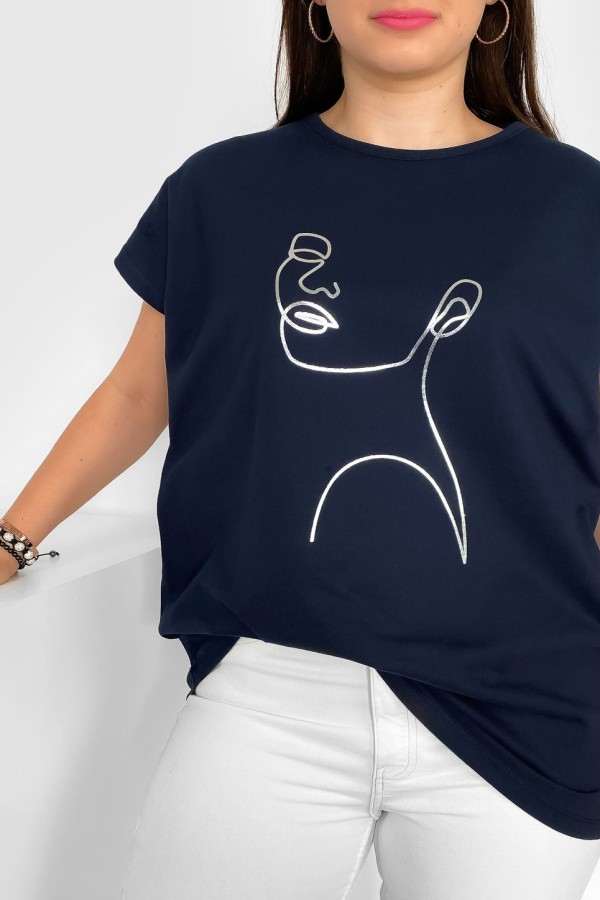 Nietoperz T-shirt damski plus size w kolorze czarnego granatu srebrny line art kobieta Nuvian 2