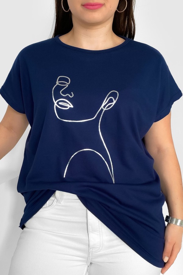 Nietoperz T-shirt damski plus size w kolorze granatowym srebrny line art kobieta Nuvian