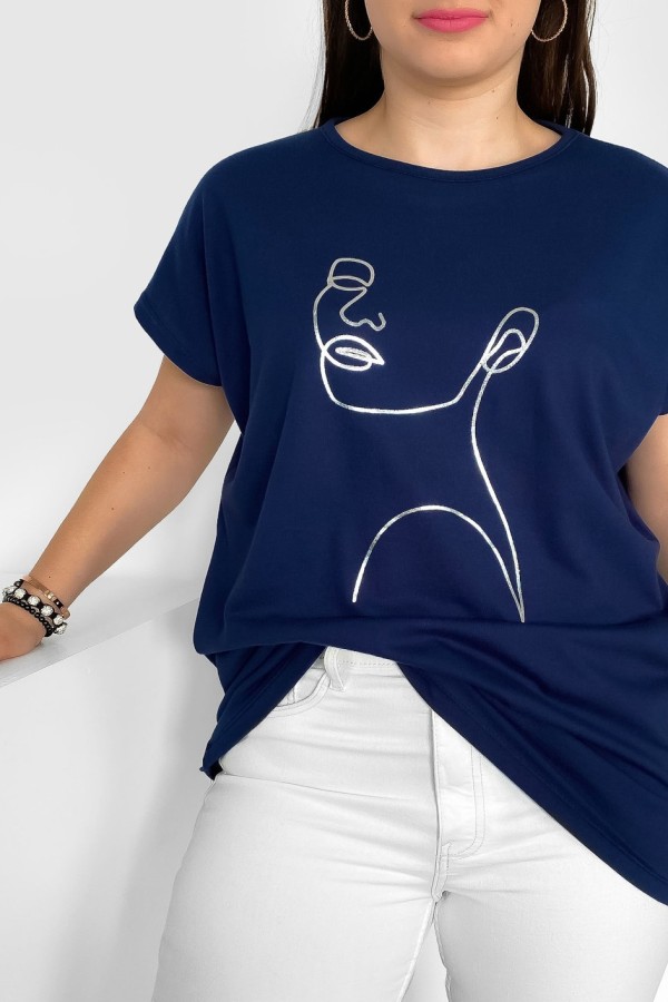 Nietoperz T-shirt damski plus size w kolorze granatowym srebrny line art kobieta Nuvian 1