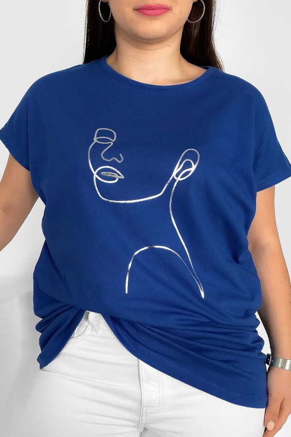 Nietoperz T-shirt damski plus size w kolorze dark blue srebrny line art kobieta Nuvian