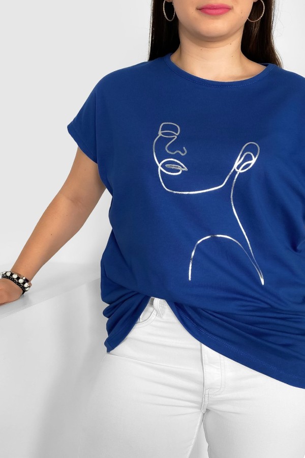 Nietoperz T-shirt damski plus size w kolorze dark blue srebrny line art kobieta Nuvian 1