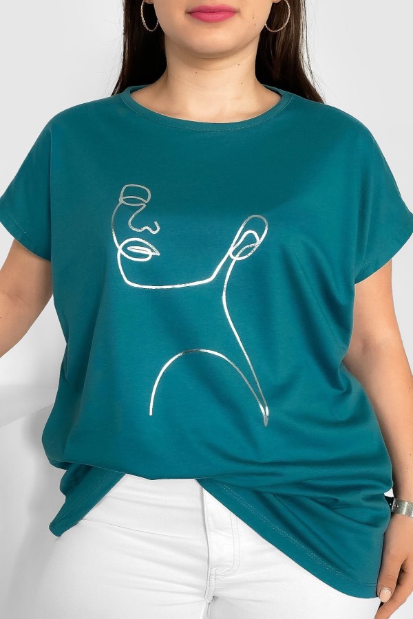 Nietoperz T-shirt damski plus size w kolorze morskiej zieleni srebrny line art kobieta Nuvian