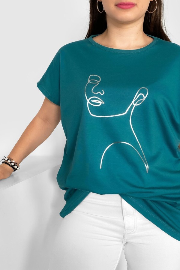 Nietoperz T-shirt damski plus size w kolorze morskiej zieleni srebrny line art kobieta Nuvian 1
