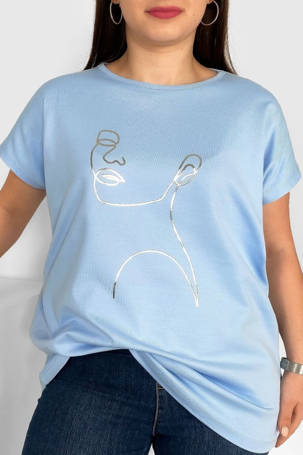 Nietoperz T-shirt damski plus size w kolorze błękitnym srebrny line art kobieta Nuvian