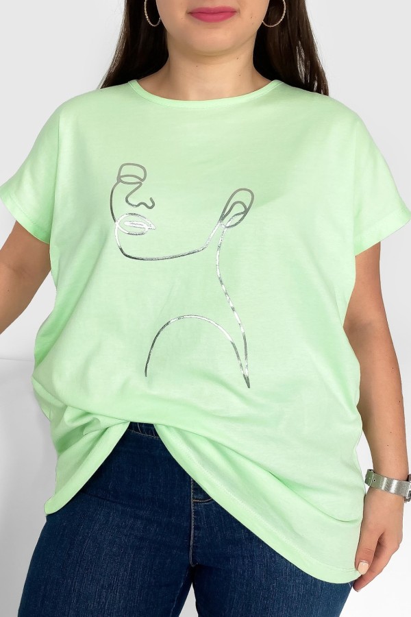 Nietoperz T-shirt damski plus size w kolorze zielonej herbaty srebrny line art kobieta Nuvian