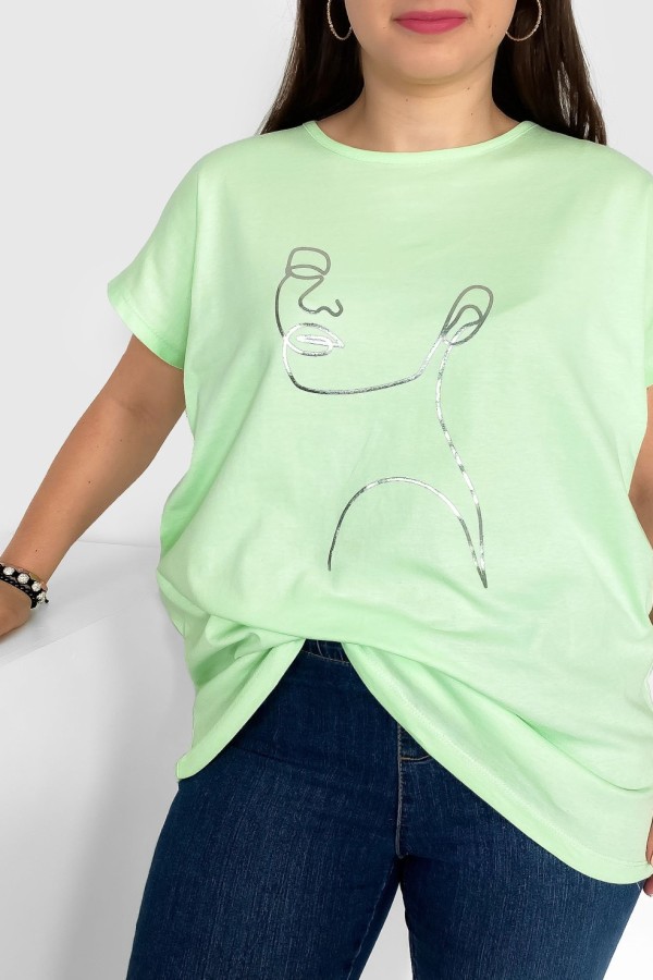 Nietoperz T-shirt damski plus size w kolorze zielonej herbaty srebrny line art kobieta Nuvian 1