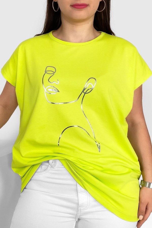 Nietoperz T-shirt damski plus size w kolorze limonkowym srebrny line art kobieta Nuvian