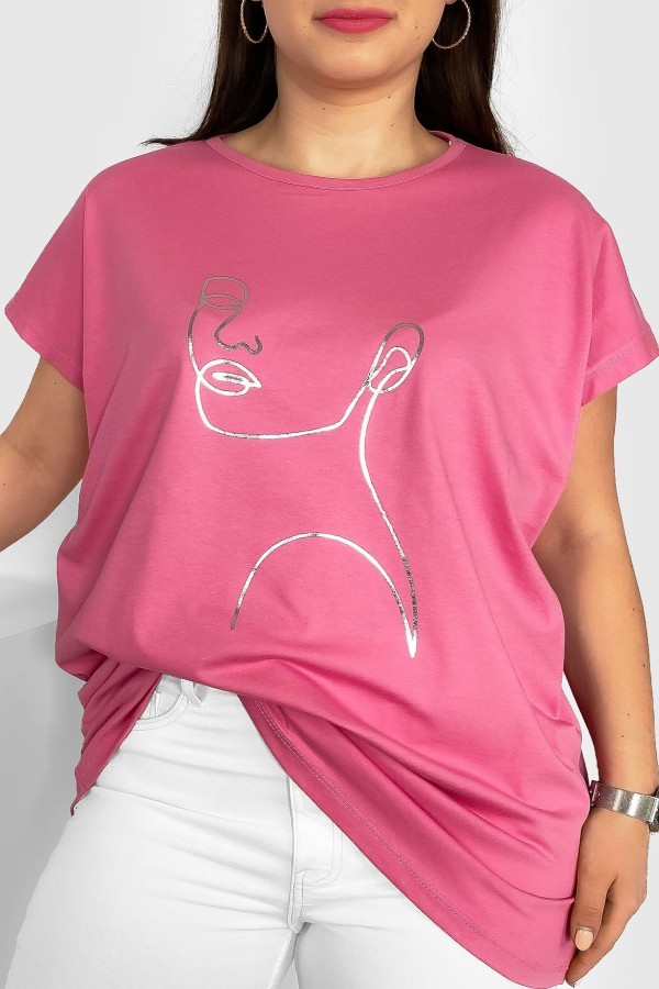 Nietoperz T-shirt damski plus size w kolorze old pink srebrny line art kobieta Nuvian