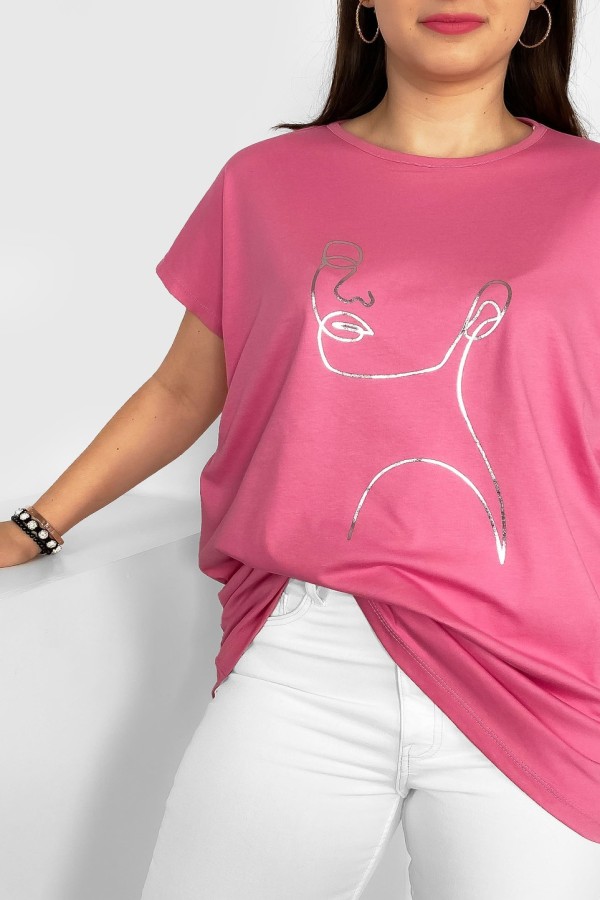Nietoperz T-shirt damski plus size w kolorze old pink srebrny line art kobieta Nuvian 1