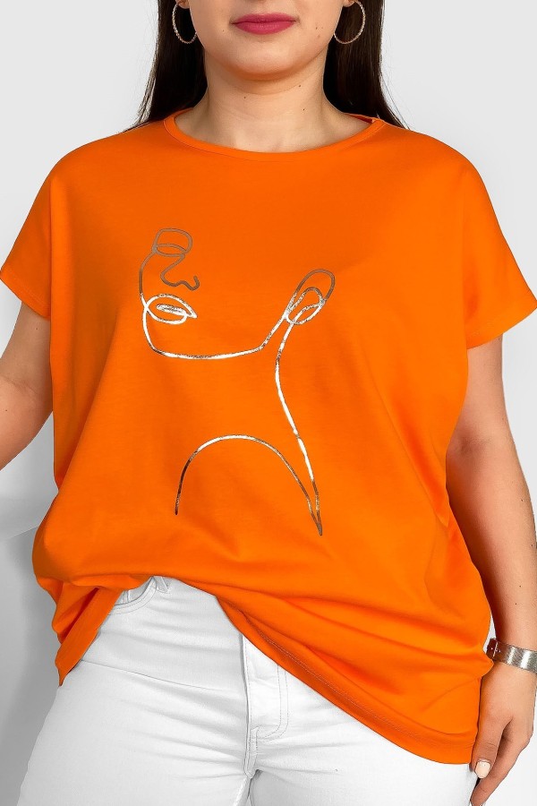Nietoperz T-shirt damski plus size w kolorze pomarańczowym srebrny line art kobieta Nuvian