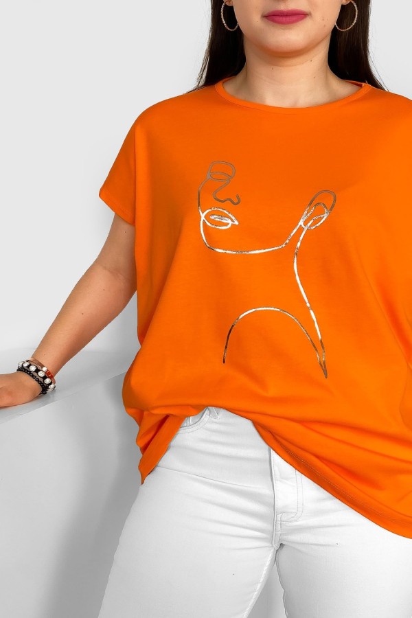 Nietoperz T-shirt damski plus size w kolorze pomarańczowym srebrny line art kobieta Nuvian 1