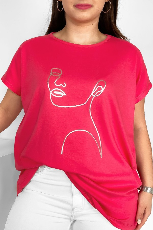 Nietoperz T-shirt damski plus size w kolorze arbuzowym srebrny line art kobieta Nuvian