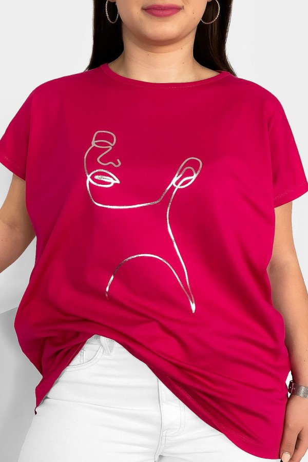 Nietoperz T-shirt damski plus size w kolorze wiśniowym srebrny line art kobieta Nuvian
