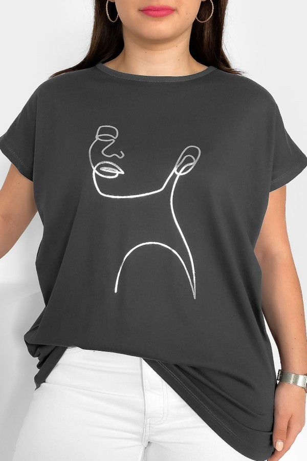 Nietoperz T-shirt damski plus size w kolorze grafitowym srebrny line art kobieta Nuvian