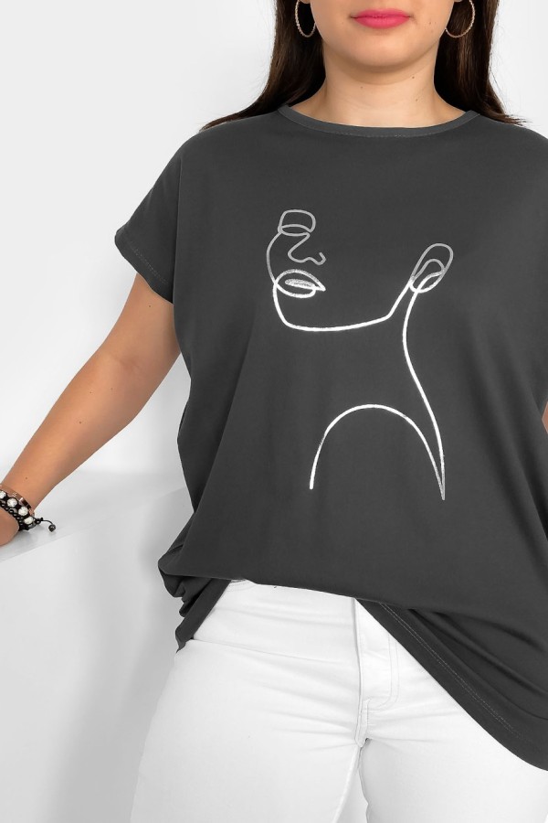 Nietoperz T-shirt damski plus size w kolorze grafitowym srebrny line art kobieta Nuvian 1