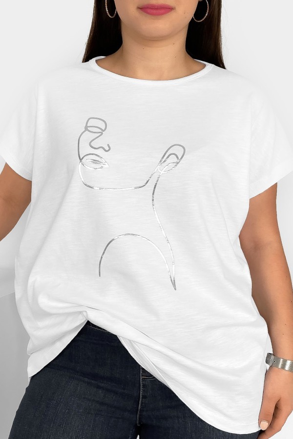Nietoperz T-shirt damski plus size w kolorze białym srebrny line art kobieta Nuvian