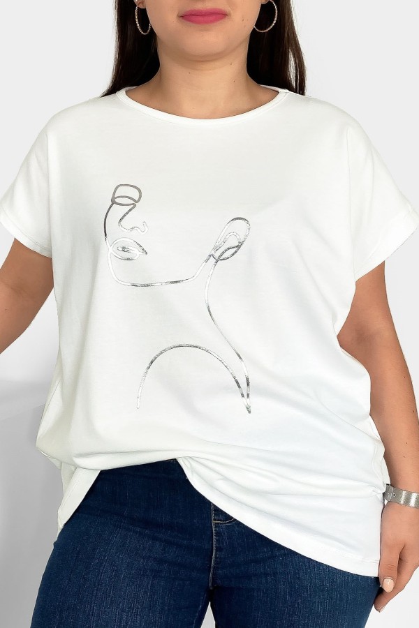 Nietoperz T-shirt damski plus size w kolorze ecru srebrny line art kobieta Nuvian