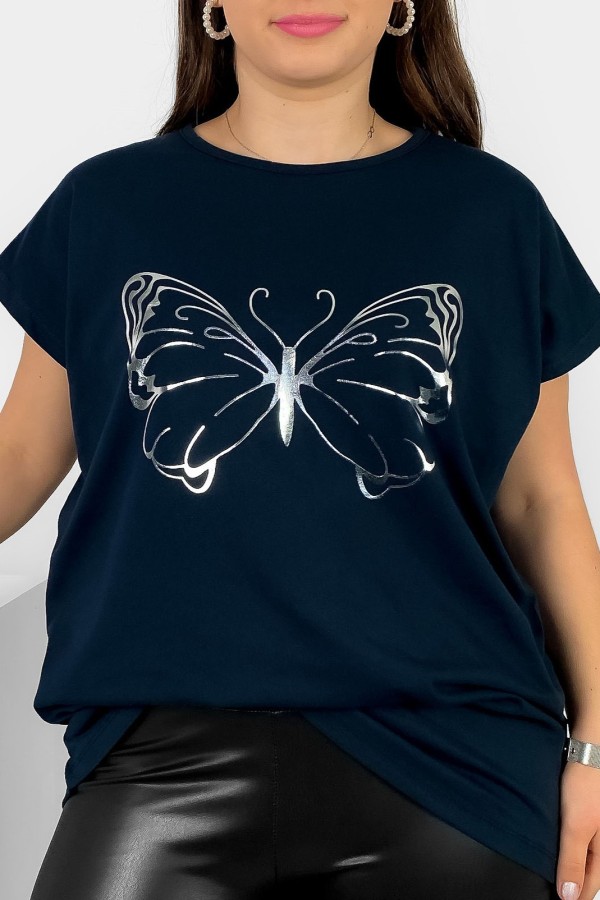 Nietoperz T-shirt damski plus size w kolorze czarnego granatu srebrny nadruk motyl Derpy