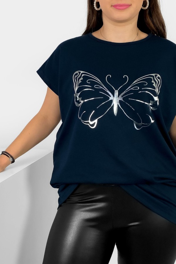 Nietoperz T-shirt damski plus size w kolorze czarnego granatu srebrny nadruk motyl Derpy 1