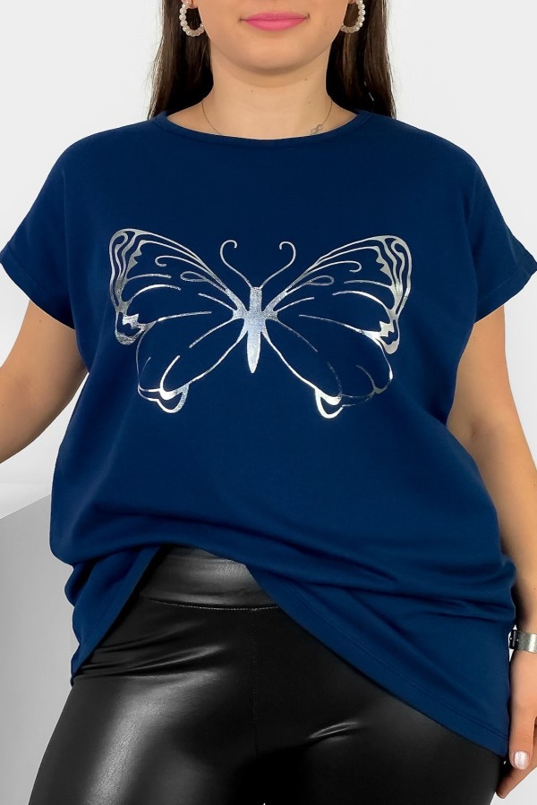 Nietoperz T-shirt damski plus size w kolorze granatowym srebrny nadruk motyl Derpy