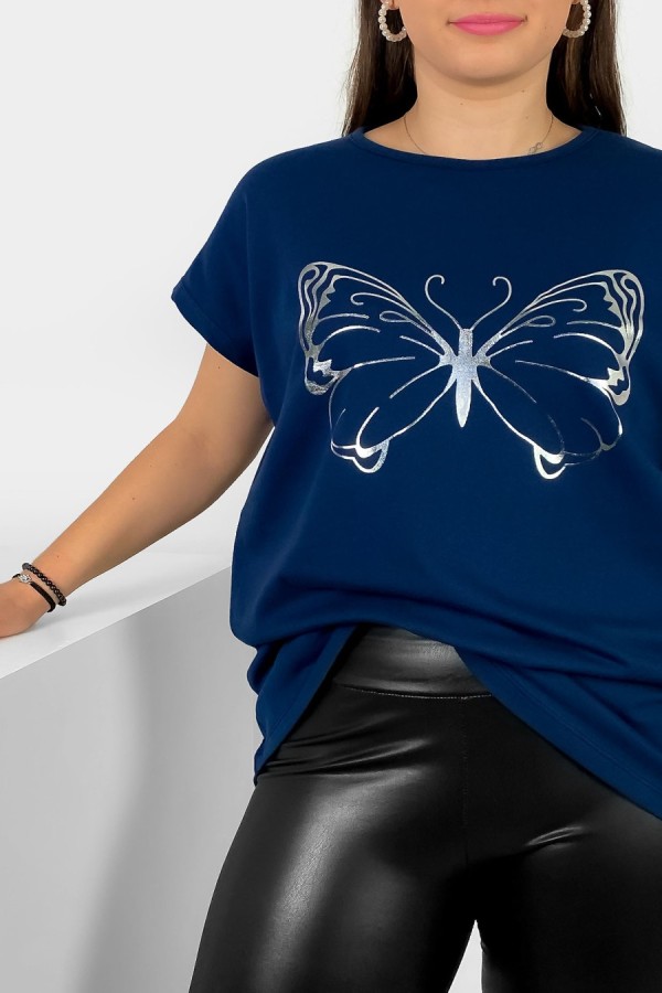 Nietoperz T-shirt damski plus size w kolorze granatowym srebrny nadruk motyl Derpy 1