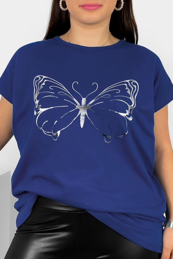 Nietoperz T-shirt damski plus size w kolorze dark denim srebrny nadruk motyl Derpy