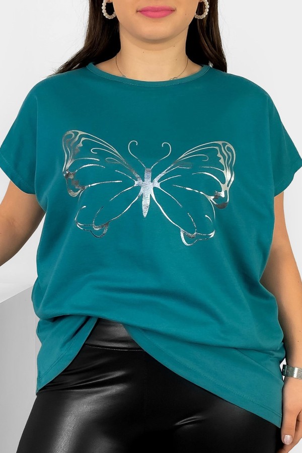 Nietoperz T-shirt damski plus size w kolorze morskiej zieleni srebrny nadruk motyl Derpy