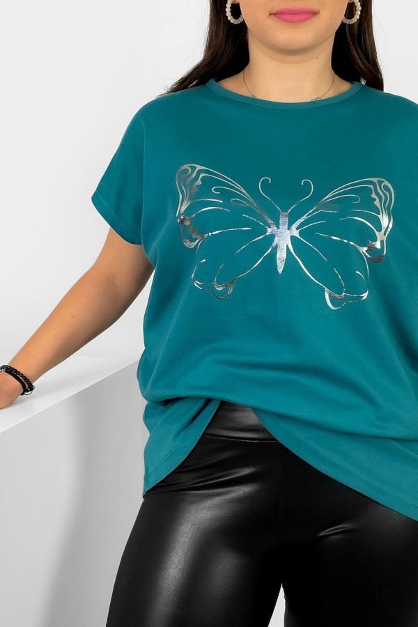 Nietoperz T-shirt damski plus size w kolorze morskiej zieleni srebrny nadruk motyl Derpy 1