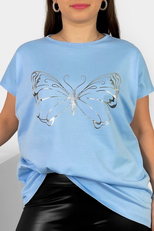 Nietoperz T-shirt damski plus size w kolorze błękitnym srebrny nadruk motyl Derpy