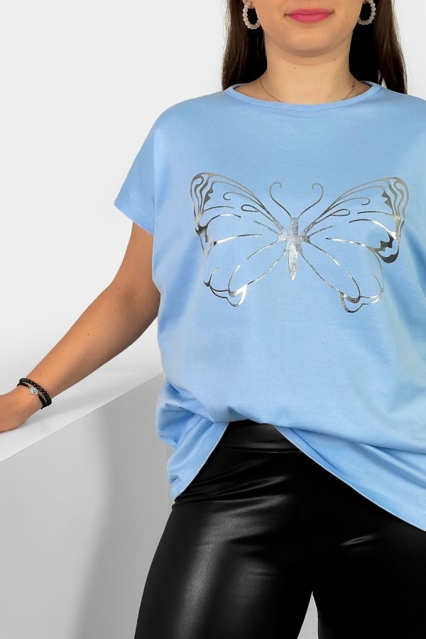 Nietoperz T-shirt damski plus size w kolorze błękitnym srebrny nadruk motyl Derpy 1