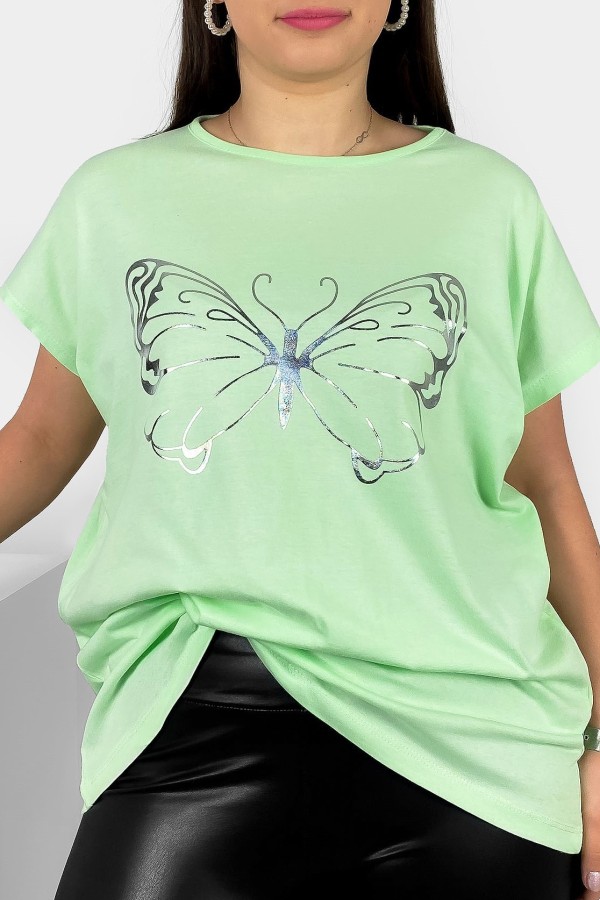 Nietoperz T-shirt damski plus size w kolorze zielonej herbaty srebrny nadruk motyl Derpy