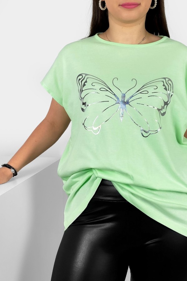 Nietoperz T-shirt damski plus size w kolorze zielonej herbaty srebrny nadruk motyl Derpy 1