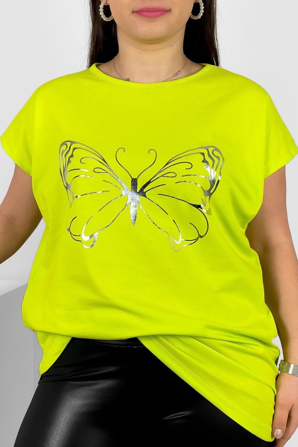 Nietoperz T-shirt damski plus size w kolorze limonkowym srebrny nadruk motyl Derpy