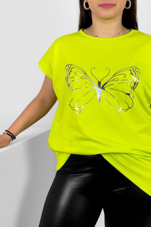 Nietoperz T-shirt damski plus size w kolorze limonkowym srebrny nadruk motyl Derpy 1