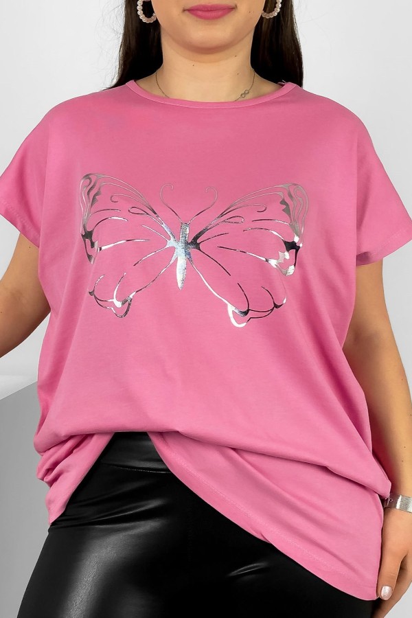 Nietoperz T-shirt damski plus size w kolorze old pink srebrny nadruk motyl Derpy