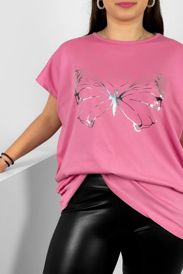 Nietoperz T-shirt damski plus size w kolorze old pink srebrny nadruk motyl Derpy 1