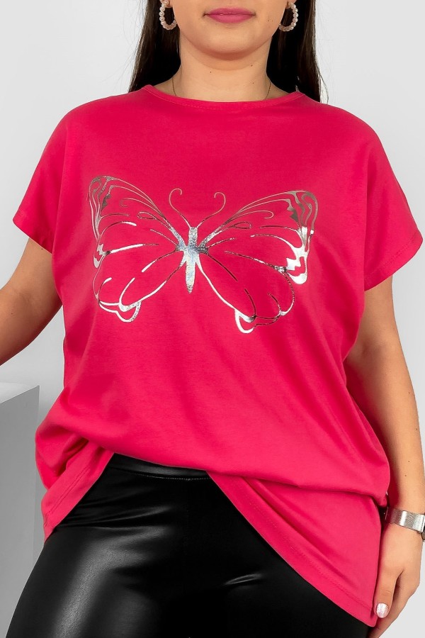 Nietoperz T-shirt damski plus size w kolorze arbuzowym srebrny nadruk motyl Derpy