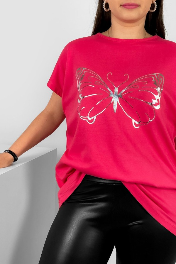 Nietoperz T-shirt damski plus size w kolorze arbuzowym srebrny nadruk motyl Derpy 1