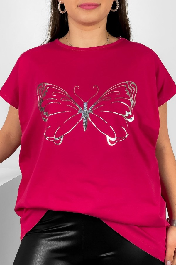 Nietoperz T-shirt damski plus size w kolorze wiśniowym srebrny nadruk motyl Derpy 2
